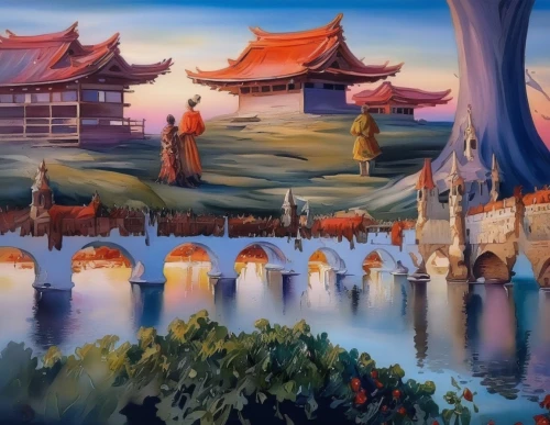 chinese art,forbidden palace,fantasy landscape,shanghai disney,hall of supreme harmony,oriental painting,golf course background,fantasy city,chinese background,landscape background,chinese temple,chinese architecture,khokhloma painting,fantasy world,fantasy picture,dongfang meiren,dragon palace hotel,feng shui golf course,dragon boat,asian architecture,Illustration,Paper based,Paper Based 04