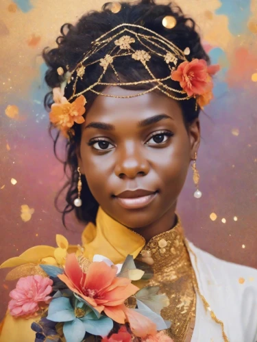 mystical portrait of a girl,african woman,african american woman,kahila garland-lily,mary-gold,girl in a wreath,afro-american,portrait of a girl,beautiful african american women,fantasy portrait,zion,afro american girls,afroamerican,black woman,girl in a historic way,bjork,oil painting on canvas,oil on canvas,girl in flowers,young woman,Photography,Cinematic