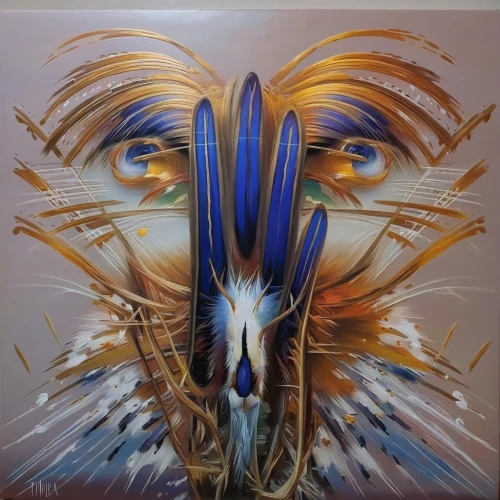 glass painting,dali,peacock eye,psychedelic art,iris reticulata,oil painting on canvas,biomechanical,fractalius,bodypainting,graffiti art,sacred art,kinetic art,shamanic,peacock,art painting,peacock feathers,blue peacock,pheasant's-eye,ojos azules,abstract artwork,Illustration,Paper based,Paper Based 04