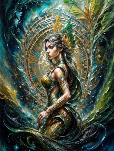 anahata,dryad,fantasy art,green mermaid scale,water nymph,mother earth,the enchantress,mermaid background,the zodiac sign pisces,gold foil mermaid,faerie,faery,andromeda,shamanic,zodiac sign libra,siren,fantasy woman,fae,celtic queen,god of the sea
