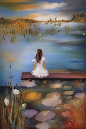 girl on the river,girl on the boat,oil painting on canvas,oil painting,oil on canvas,photo painting,lily pond,art painting,evening lake,girl sitting,pond,idyll,oil paint,girl in a long,wetland,wetlands,painting,calm water,woman sitting,waterlily,Illustration,Paper based,Paper Based 04