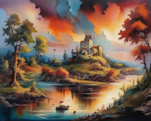 fantasy landscape,ruined castle,fantasy picture,water castle,an island far away landscape,knight's castle,fairy tale castle,fantasy art,church painting,castle of the corvin,3d fantasy,fairytale castle,landscape background,fantasy world,river landscape,oil painting on canvas,medieval castle,painting technique,coastal landscape,oil on canvas,Illustration,Paper based,Paper Based 04