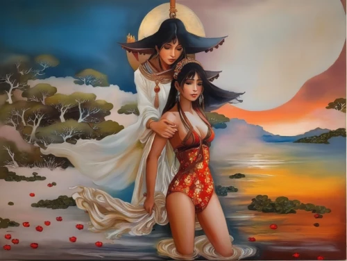 adam and eve,sun and moon,fantasy picture,fantasy art,secret garden of venus,oriental painting,honeymoon,the night of kupala,garden of eden,oil painting on canvas,tantra,lunar eclipse,celestial bodies,orientalism,japanese art,indigenous painting,art painting,chinese art,oil painting,full moon day,Illustration,Paper based,Paper Based 04