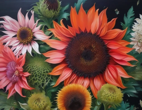 gerbera daisies,flower painting,gerbera,sunflowers in vase,gazania,orange floral paper,african daisies,australian daisies,oil painting on canvas,south african daisy,sunflower paper,barberton daisies,flowers png,echinacea,dahlias,flower art,sunflower coloring,gerbera flower,chrysanthemums bouquet,orange dahlia,Illustration,Paper based,Paper Based 04