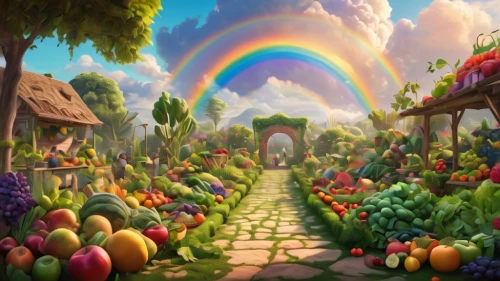 rainbow bridge,vegetables landscape,rainbow background,fairy village,fairy world,rainbow world map,rainbow,garden of eden,fruit fields,vegetable field,colors rainbow,children's background,pot of gold background,fantasy picture,permaculture,rainbow colors,vegetable garden,rainbow butterflies,fruit market,roygbiv colors,Photography,General,Natural