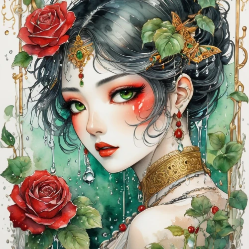 geisha,fantasy portrait,geisha girl,flora,masquerade,rosa ' amber cover,rose flower illustration,winter rose,oriental princess,porcelain rose,jasmine blossom,camellia,thorns,rose bloom,poison ivy,fallen petals,rosa 'the fairy,blooming roses,ivy,widow flower,Illustration,Paper based,Paper Based 25