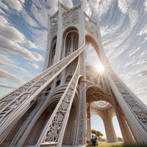 dubai frame,renaissance tower,minarets,arch,islamic architectural,tajmahal,pointed arch,templedrom,stargate,hand of fatima,cairo tower,the pillar of light,monument protection,gaudí,futuristic architecture,temple fade,strange structure,3d rendering,landmark,golden gate