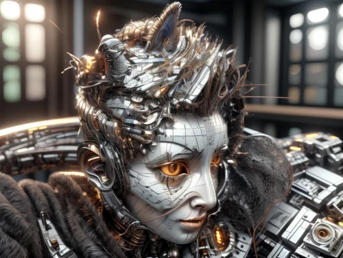 cyborg,biomechanical,alien warrior,silver,metallic,shaman,cybernetics,crown render,metallic feel,queen cage,fractalius,masquerade,streampunk,gara,scifi,render,cyberpunk,knight armor,silversmith,artemisia