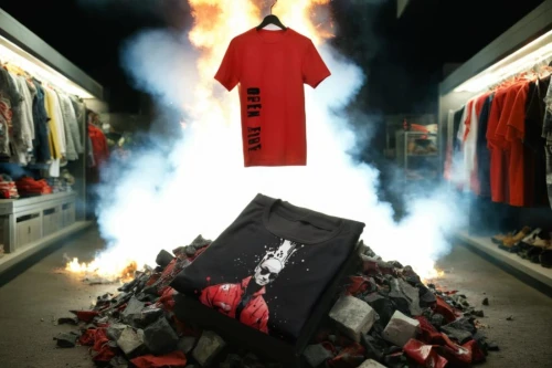 burn money,explosion destroy,inferno,fire extinguisher,explosion,t-shirts,extinguisher,advertising clothes,t shirts,arson,price tag,the price tag,burning of waste,t-shirt,red smoke,premium shirt,retail,isolated t-shirt,destroy money,closet