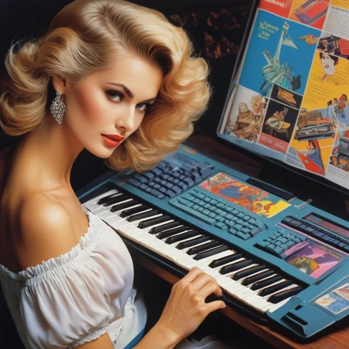synclavier,synthesizers,synthesizer,amiga,electronic keyboard,piano keyboard,retro women,atari st,keyboards,musical keyboard,keyboard player,analog synthesizer,clavichord,girl at the computer,retro eighties,keyboard instrument,retro music,casio ctk-691,retro girl,retro woman,Illustration,Paper based,Paper Based 11