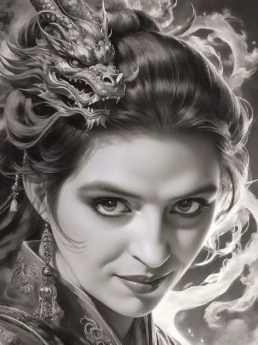 fantasy portrait,fantasy art,the enchantress,celtic queen,sorceress,mystical portrait of a girl,queen anne,medusa,world digital painting,chinese art,fantasy woman,fantasy picture,gorgon,oriental painting,charcoal drawing,romantic portrait,chalk drawing,victorian lady,oriental princess,the snow queen,Digital Art,Ink Drawing