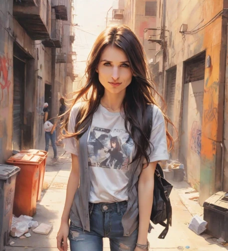 girl in t-shirt,city ​​portrait,photo painting,girl walking away,girl portrait,young woman,woman walking,world digital painting,alley cat,beautiful woman,tshirt,italian painter,beautiful young woman,photo session in torn clothes,young model istanbul,on the street,beautiful girl,girl in a historic way,pretty young woman,oil painting,Digital Art,Watercolor