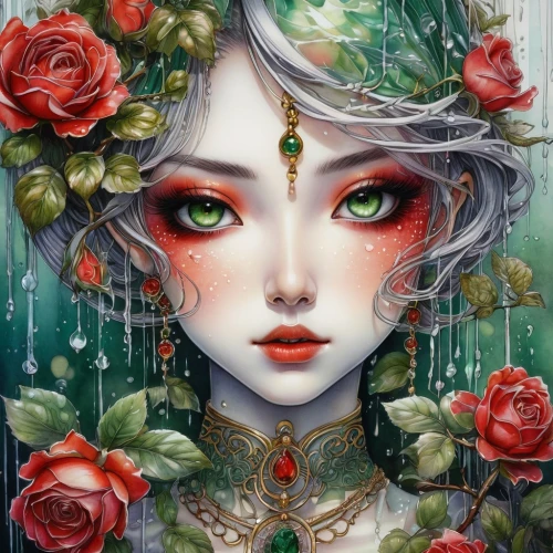 fantasy portrait,flora,rose flower illustration,girl in flowers,masquerade,rose bloom,porcelain rose,rosa ' amber cover,scent of roses,way of the roses,natura,fae,with roses,mystical portrait of a girl,rosa,rosa 'the fairy,winter rose,blooming roses,faery,roses,Conceptual Art,Fantasy,Fantasy 15