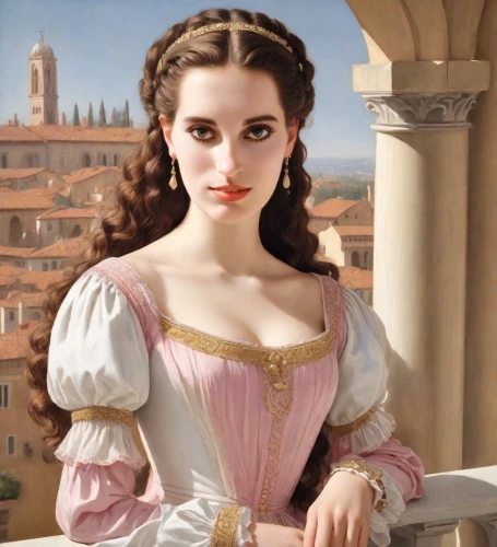 portrait of a girl,emile vernon,la violetta,girl in a historic way,romantic portrait,bouguereau,italian painter,portrait of a woman,cepora judith,young woman,franz winterhalter,woman with ice-cream,renaissance,florentine,bougereau,gothic portrait,fantasy portrait,girl with bread-and-butter,venetia,meticulous painting,Digital Art,Classicism