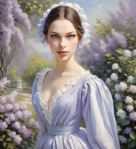 lilac blossom,romantic portrait,white lilac,common lilac,lilacs,girl in the garden,the lavender flower,fantasy portrait,mystical portrait of a girl,girl in flowers,lilac flower,lilac flowers,portrait of a girl,lilac tree,la violetta,golden lilac,california lilac,young woman,magnolia,butterfly lilac,Digital Art,Classicism