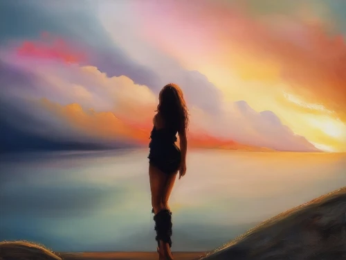 girl on the dune,woman silhouette,world digital painting,digital painting,the horizon,girl in a long,mermaid silhouette,digital art,landscape background,girl walking away,sunset,fantasy picture,woman walking,horizon,digital artwork,photo painting,hand digital painting,sunrise,art background,silhouette art,Illustration,Paper based,Paper Based 04