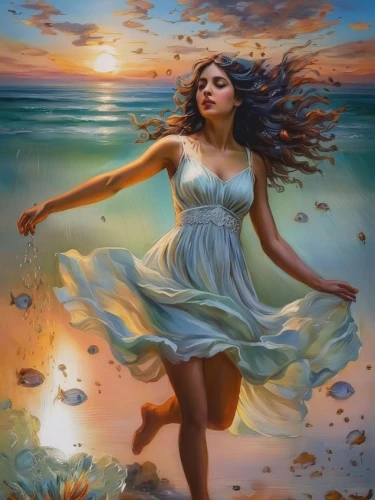 the wind from the sea,gracefulness,sea breeze,the sea maid,little girl in wind,fantasy picture,fantasy art,wind wave,mystical portrait of a girl,oil painting on canvas,mermaid background,whirling,art painting,oil painting,twirling,dance with canvases,sea-shore,sea landscape,sea water splash,twirl,Illustration,Paper based,Paper Based 04
