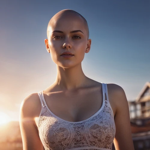 natural cosmetic,cotton top,tube top,bald,buzz cut,white head,hair loss,wallis day,tiber riven,breast-cancer,sun,malibu,female model,see-through clothing,marina,cosmetic,cancer icon,croft,ps4,radiant,Photography,Documentary Photography,Documentary Photography 14