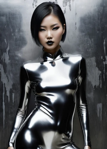 latex clothing,latex,silver,metallic,asian vision,rubber doll,asian woman,silk,metallic feel,latex gloves,gunmetal,airbrushed,bjork,asian costume,chrome steel,black leather,catwoman,silvery,gain,image manipulation,Photography,Black and white photography,Black and White Photography 07