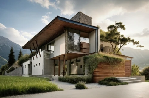 modern house,house in mountains,eco-construction,house in the mountains,timber house,wooden house,cubic house,modern architecture,eco hotel,dunes house,chalet,swiss house,3d rendering,residential house,private house,holiday villa,beautiful home,grass roof,luxury property,frame house