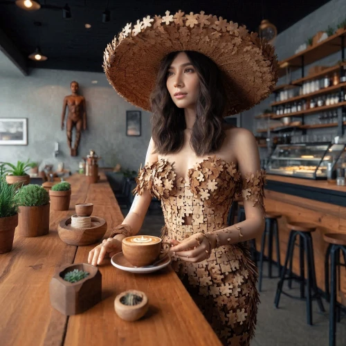 vietnamese woman,asian conical hat,sombrero,barista,wooden mannequin,vietnamese,woman drinking coffee,woman at cafe,asian costume,coffee background,straw hat,asian teapot,vietnamese lotus tea,vintage asian,cappuccino,low poly coffee,mexican culture,mexican hat,japanese tea,brown hat
