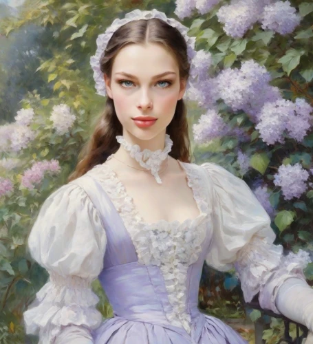 lilac blossom,la violetta,lilac flowers,girl in the garden,victorian lady,lilac flower,lilacs,common lilac,portrait of a girl,white lilac,romantic portrait,the lavender flower,fantasy portrait,girl in flowers,lilac tree,mystical portrait of a girl,cinderella,jane austen,young woman,wisteria,Digital Art,Classicism