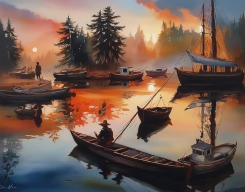 boat landscape,wooden boats,fishing boats,oil painting on canvas,art painting,rowboats,old wooden boat at sunrise,painting technique,wooden boat,sailboats,canoes,oil painting,boats,row boats,sailing boats,river landscape,sailing ships,photo painting,landscape background,oil on canvas,Illustration,Paper based,Paper Based 04