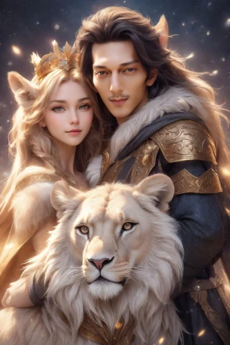 lions couple,lion father,prince and princess,fairy tale icons,fantasy picture,two lion,lion children,wolf couple,beautiful couple,cat family,rose family,kyi-leo,ritriver and the cat,siberian,fairytale characters,a fairy tale,mother and father,fantasy portrait,she feeds the lion,fairy tale,Photography,Realistic