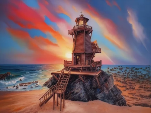 electric lighthouse,lighthouse,light house,red lighthouse,petit minou lighthouse,sand art,lifeguard tower,fantasy art,fairy chimney,point lighthouse torch,colored pencil background,sea fantasy,art painting,sand castle,sand sculptures,light station,fantasy picture,salt lamp,coastal landscape,painting technique,Illustration,Paper based,Paper Based 04