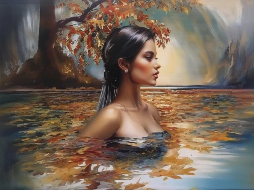 oil painting on canvas,oil painting,girl on the river,art painting,water nymph,the blonde in the river,mystical portrait of a girl,oil paint,photo painting,fineart,world digital painting,oil on canvas,woman at the well,autumn idyll,flowing water,glass painting,fantasy art,autumn landscape,immersed,submerged,Illustration,Paper based,Paper Based 04