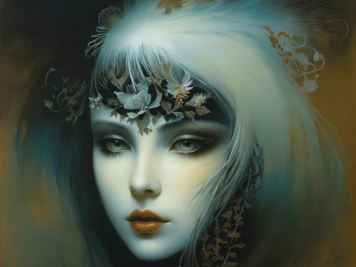 mystical portrait of a girl,headdress,fantasy portrait,the snow queen,feather headdress,faerie,white lady,faery,dryad,fantasy art,priestess,the enchantress,amano,fairy queen,queen of the night,painted lady,gothic portrait,venetian mask,masquerade,headpiece,Illustration,Realistic Fantasy,Realistic Fantasy 16