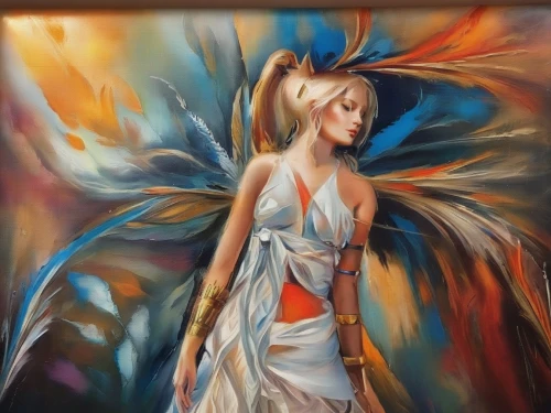 oil painting on canvas,girl in a long dress,oil painting,art painting,nami,flora,bird of paradise,amano,fantasy art,oil on canvas,strelitzia,boho art,fae,baroque angel,fiori,glass painting,tiger lily,orange blossom,fabric painting,khokhloma painting,Illustration,Paper based,Paper Based 04