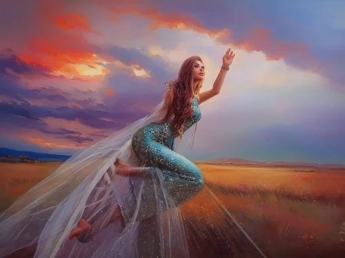 fantasy picture,celtic woman,girl in a long dress,mermaid background,fantasy art,world digital painting,photo manipulation,faery,image manipulation,photomanipulation,faerie,photoshop manipulation,fantasy woman,digital compositing,fairy queen,photo painting,gracefulness,sun bride,celtic harp,dance with canvases,Illustration,Paper based,Paper Based 04