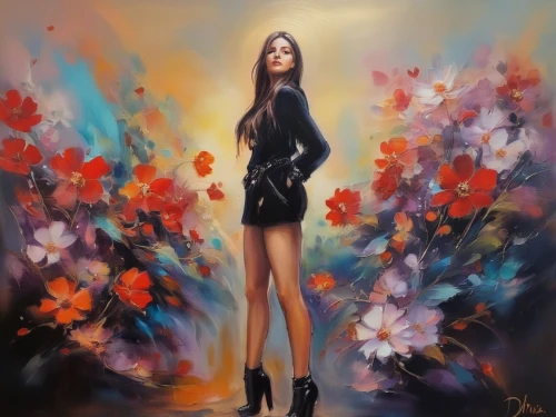 fashion illustration,girl in flowers,flower painting,world digital painting,art painting,girl in a long,splendor of flowers,girl in a long dress,photo painting,digital painting,flower wall en,beautiful girl with flowers,flower art,oil painting on canvas,falling flowers,flower background,digital art,woman's legs,a girl in a dress,flower girl,Illustration,Paper based,Paper Based 04