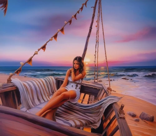 girl on the boat,beach background,world digital painting,old wooden boat at sunrise,seafaring,girl on the dune,wooden boat,photo painting,fantasy picture,sailing ship,dream beach,sea sailing ship,the sea maid,sea breeze,deckchair,beach scenery,sailing-boat,mermaid background,art painting,wooden boats,Illustration,Paper based,Paper Based 04