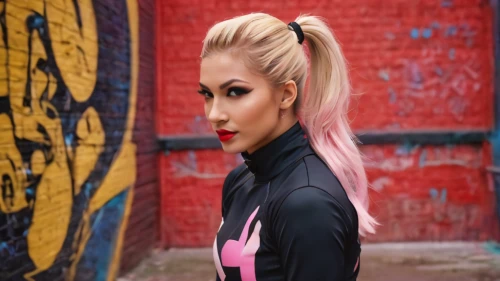 toni,pink background,havana brown,santana,ammo,jasmine sky,brick wall background,miso,blonde woman,asian,pi mai,kai bei,cool blonde,lycia,barbie,artificial hair integrations,tracksuit,kim,lira,hong,Photography,General,Cinematic