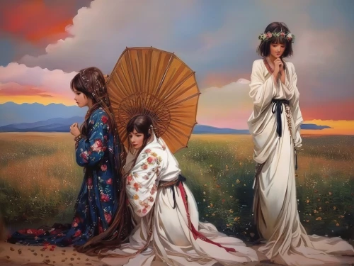 kimonos,parasols,oriental painting,chinese art,japanese umbrellas,japanese art,ao dai,geisha,geisha girl,kimono fabric,inner mongolian beauty,japanese culture,beautiful girls with katana,mukimono,korean culture,orientalism,japanese icons,four seasons,the three magi,three flowers,Illustration,Paper based,Paper Based 04