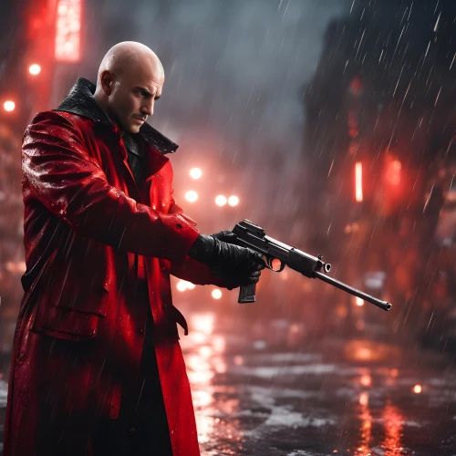 red hood,red coat,red matrix,red,man holding gun and light,shooter game,red double,man in red dress,carmine,fury,kingpin,red cape,spy,assassin,monsoon banner,game art,red arrow,rain of fire,assassination,daredevil