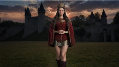 fantasy picture,clove,digital compositing,celtic queen,swath,red tunic,elven,fantasy woman,transylvania,scarlet witch,sorceress,hogwarts,the enchantress,photoshop manipulation,camelot,violet head elf,castle of the corvin,photo manipulation,caerula,castleguard