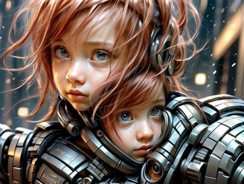 little boy and girl,redheads,little girl and mother,little girls,boy and girl,fantasy art,cybernetics,girl and boy outdoor,children girls,children's background,sci fiction illustration,father and daughter,armour,cyborg,two girls,world digital painting,gemini,next generation,armor,knight armor