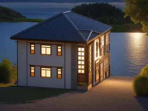 house with lake,house by the water,boathouse,boat house,boat shed,wooden house,wooden sauna,summer cottage,3d rendering,summer house,inverted cottage,houseboat,floating huts,lake view,small cabin,evening lake,wooden construction,fisherman's house,boat dock,render,Photography,General,Realistic