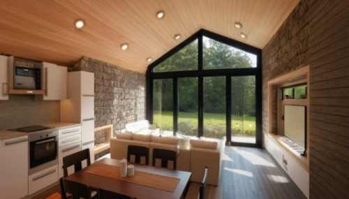 inverted cottage,small cabin,daylighting,wood window,cabin,the cabin in the mountains,wooden windows,timber house,summer cottage,folding roof,log cabin,new england style house,cubic house,wooden house,chalet,wooden beams,kitchen interior,wood stove,modern kitchen,mid century house