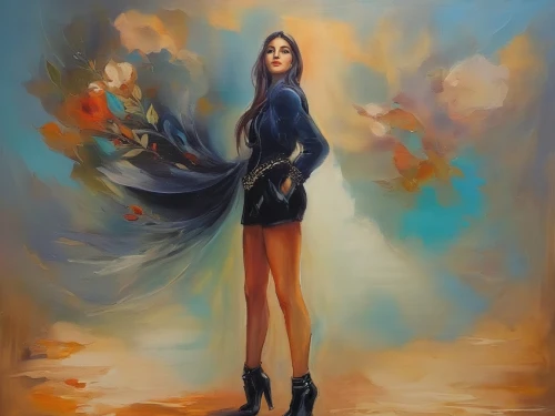 girl in a long dress,fashion illustration,girl in a long,blue painting,woman walking,mystical portrait of a girl,oil painting on canvas,a girl in a dress,majorelle blue,oil on canvas,oil painting,blue enchantress,art painting,girl walking away,young woman,fantasy portrait,cobalt blue,boho art,girl in cloth,italian painter,Illustration,Paper based,Paper Based 04