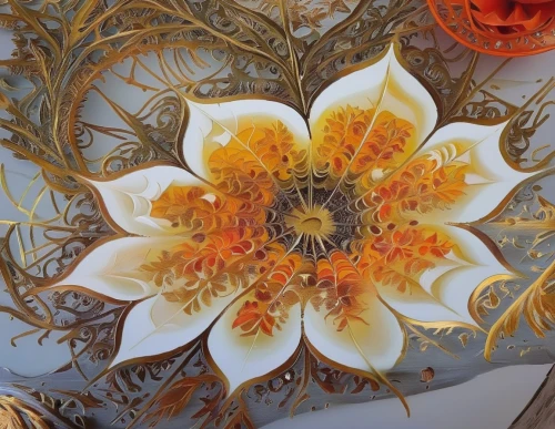 water lily plate,orange floral paper,glass painting,orange dahlia,flower painting,floral ornament,celestial chrysanthemum,decorative plate,calendula petals,chrysanthemum stars,floral rangoli,korean chrysanthemum,passiflora,flower art,mandala flower,orange blossom,chrysanthemums bouquet,orange petals,decorative flower,fried egg flower,Illustration,Paper based,Paper Based 04