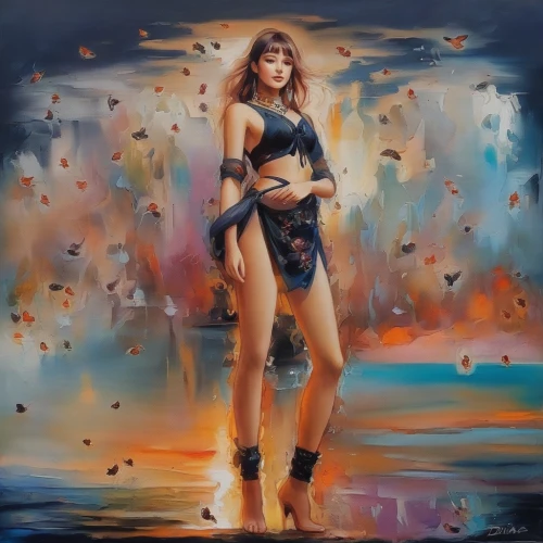 girl on the river,oil painting on canvas,oil painting,oil on canvas,fantasy woman,femme fatale,fantasy art,world digital painting,agent provocateur,kitesurfer,fire dancer,woman walking,art painting,siren,girl on the boat,art model,the sea maid,neon body painting,italian painter,dancer,Illustration,Paper based,Paper Based 04