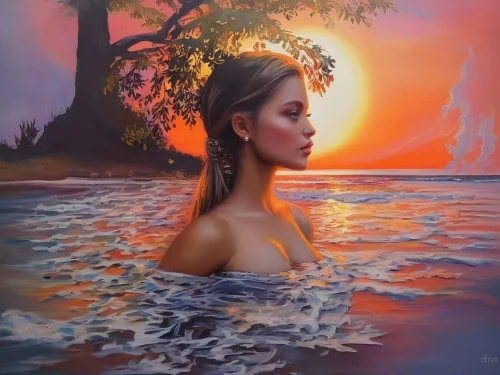 girl on the river,oil painting on canvas,water nymph,oil painting,mystical portrait of a girl,the blonde in the river,girl with tree,girl with a dolphin,fantasy art,art painting,mangroves,fantasy picture,oil on canvas,immersed,han thom,romantic portrait,sea breeze,fineart,polynesian girl,sea landscape,Illustration,Paper based,Paper Based 04