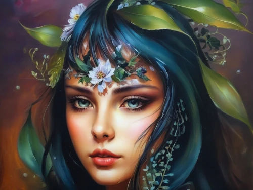 faery,dryad,fantasy portrait,faerie,mystical portrait of a girl,fantasy art,girl in a wreath,elven flower,fairy queen,the enchantress,boho art,girl in flowers,elven,flora,beautiful girl with flowers,flower fairy,headdress,oil painting on canvas,oil painting,feather headdress,Illustration,Paper based,Paper Based 04