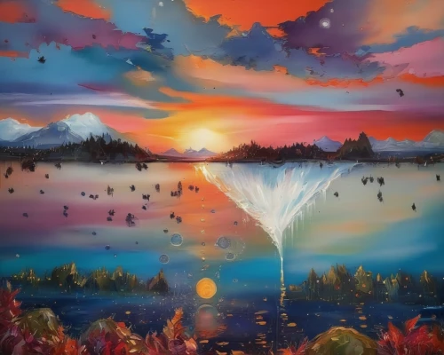 hot-air-balloon-valley-sky,mushroom landscape,fantasy landscape,hot air balloons,underwater landscape,glass painting,volcanic lake,solar eruption,acid lake,oil painting on canvas,fairy world,hot air balloon,fantasy picture,fantasy art,panoramical,volcanic landscape,diamond lagoon,salt meadow landscape,landscape background,eruption,Illustration,Paper based,Paper Based 04