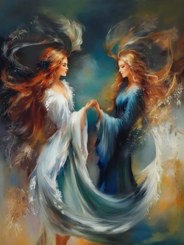 celtic woman,sirens,dancers,mermaids,dancing flames,the wind from the sea,celebration of witches,fantasy art,the annunciation,witches,mermaid vectors,whirling,world digital painting,fantasy picture,fire dance,wind wave,boho art,dancing couple,two girls,redheads,Illustration,Paper based,Paper Based 04