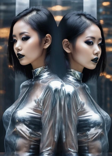 mirrored,asian vision,mirror image,futuristic,mirrors,asian woman,mirror reflection,asian costume,chrome,meridians,katana,chrome steel,asymmetric cut,doll looking in mirror,metallic,silvery,aura,silver,japanese woman,metallic feel,Photography,Artistic Photography,Artistic Photography 07